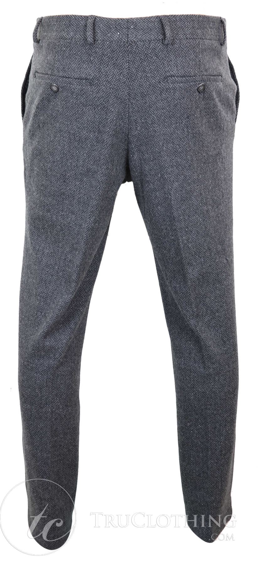 Mens Grey Charcoal Tweed Herringbone Wool Trousers - Charcoal