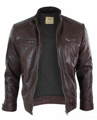 Real Leather Retro Style Zipped Mens Biker Jacket Soft Black Casual-Brown