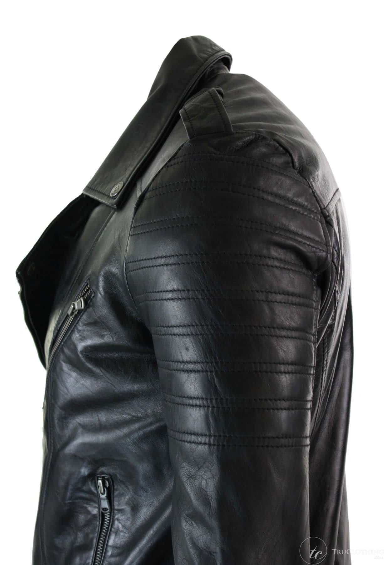 Real Leather Cross Zip Vintage Retro Mens Biker Jacket Black Urban Slim Fit-XXXL-Black