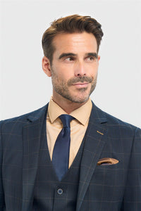 Férfi sötétkék kockás, szabott szabású blézer