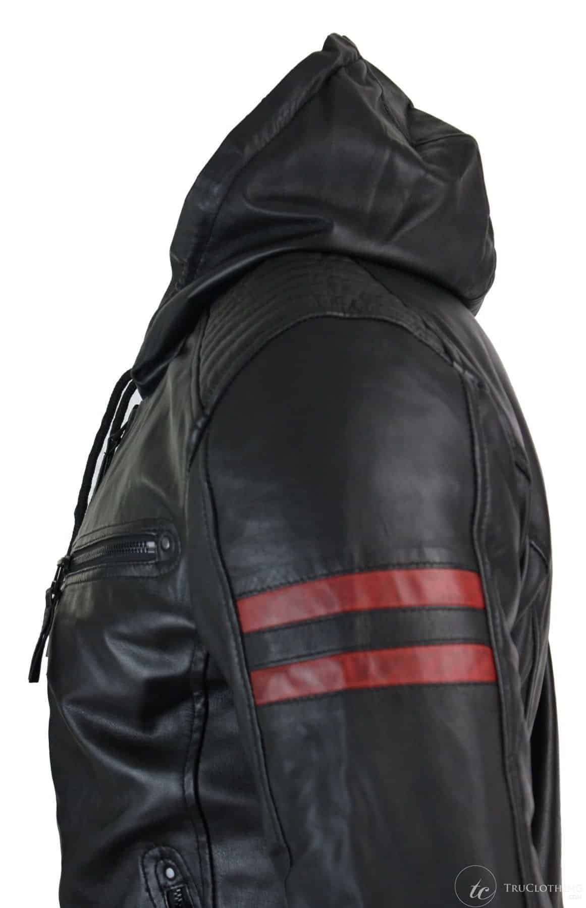 Mens Black Hood Real Leather Bomber Jacket Red Stripes Quilted Slim Fit Casual
