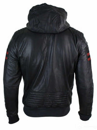Mens Black Hood Real Leather Bomber Jacket Red Stripes Quilted Slim Fit Casual