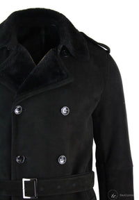 Mens Sherling Sheepskin Black Grey Double Breasted Belted 3/4 Overcoat