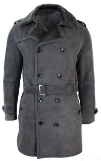 Mens Sherling Sheepskin Black Grey Double Breasted Belted 3/4 Overcoat