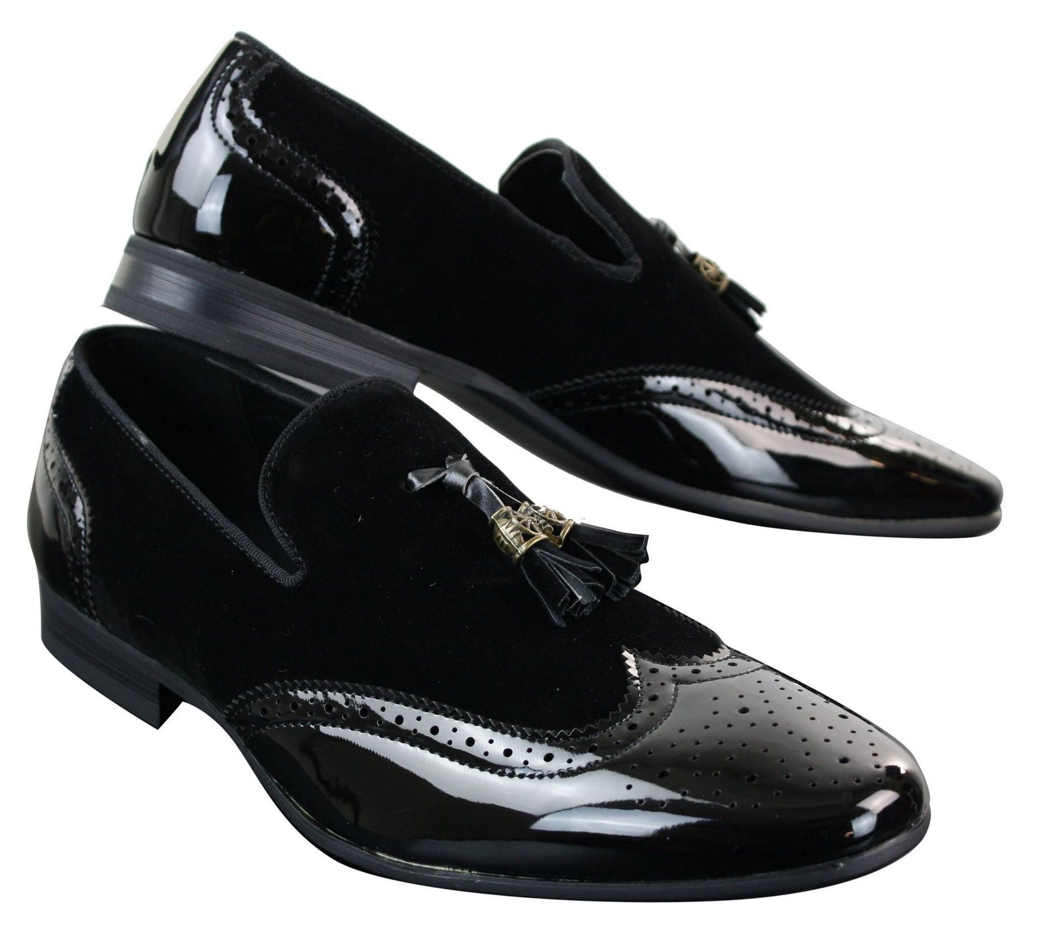 Patron 239-10 Mens Slip On Tassel Driving Shoes Shiny Black Patent Leather PU Suede Loafers