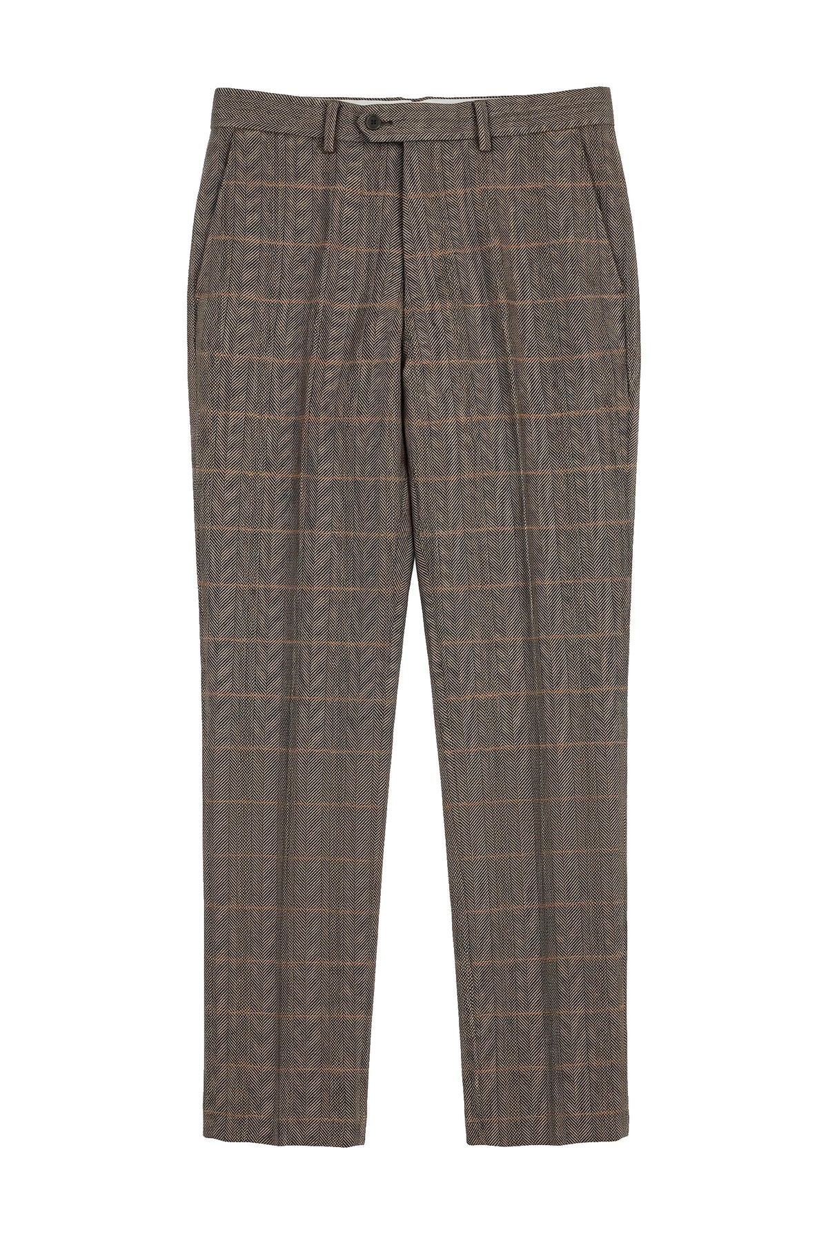 Dx-7 - Férfi tweed kockás nadrág halszálkamintás, barna, normál méretű