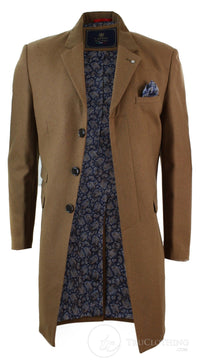 Mens Winter Over Coat 3/4 Trench Jacket Herringbone Long Velvet Trim Button-Tan