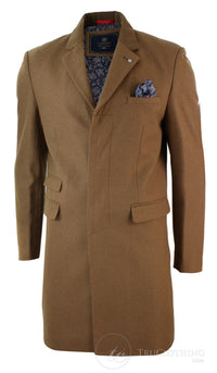 Mens Winter Over Coat 3/4 Trench Jacket Herringbone Long Velvet Trim Button-Tan
