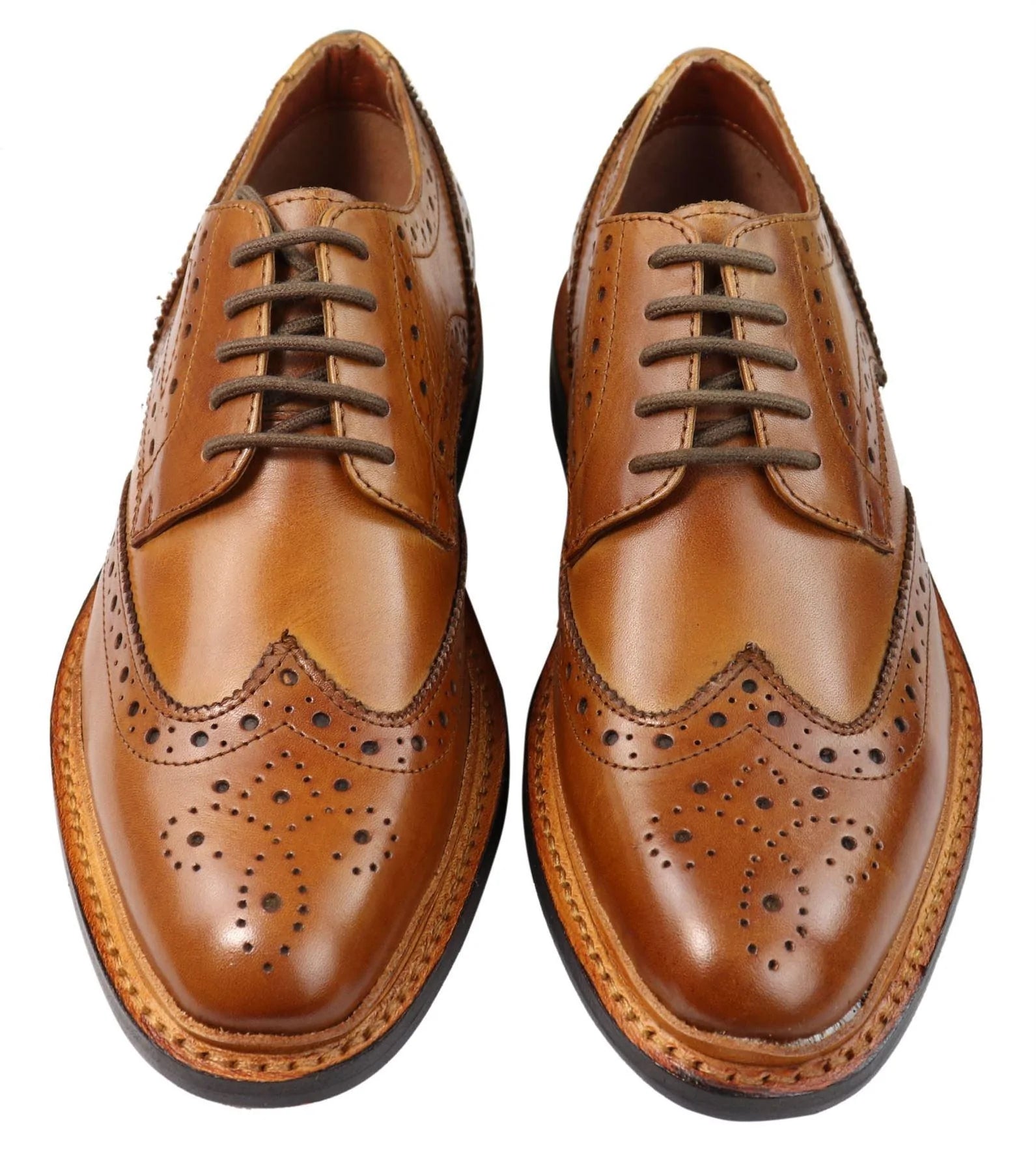 Mens Oxford Brogue Shoes Laced Leather Goodyear Welted Tan Brown Burgundy