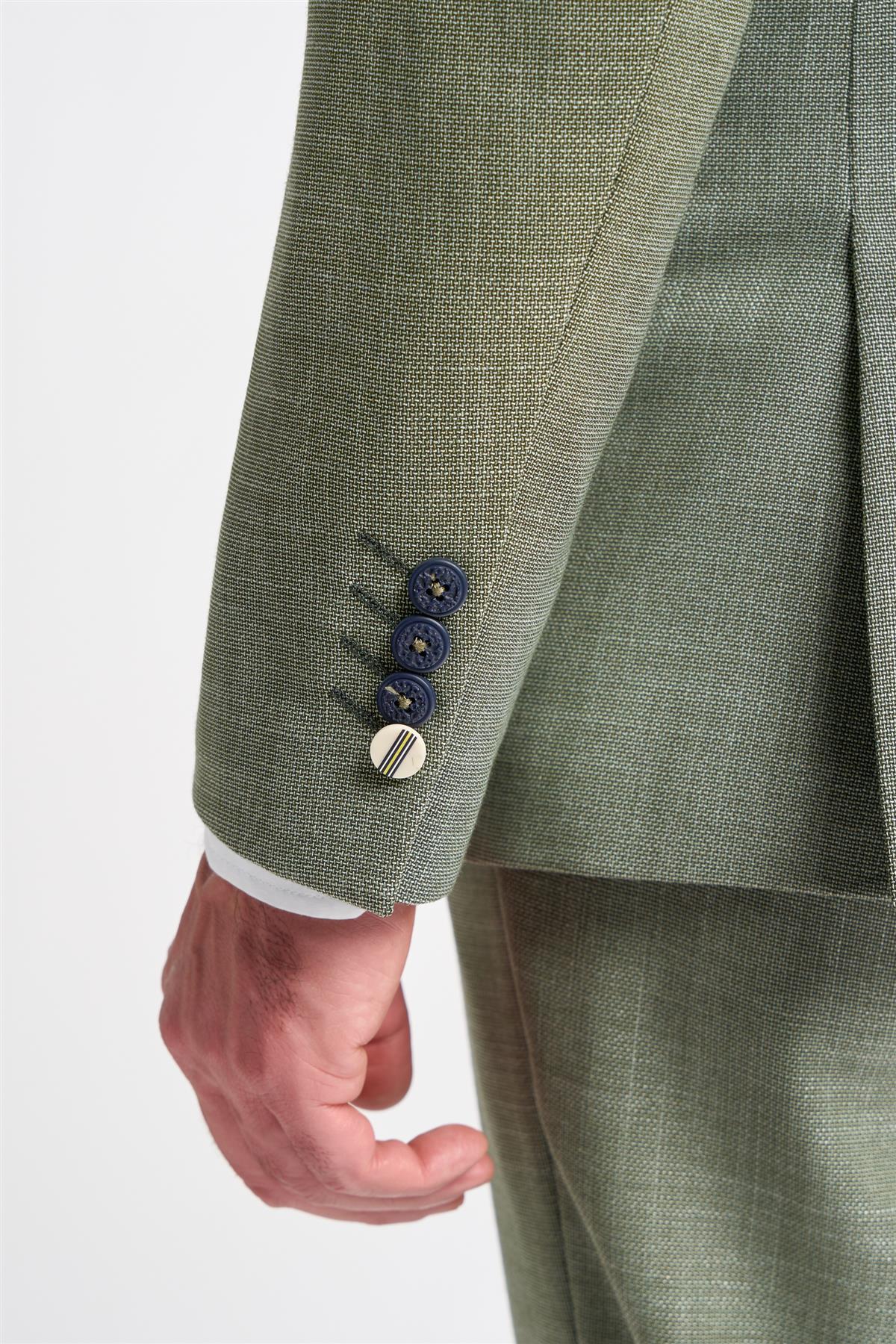 Férfi háromrészes öltöny zsályazöld nyári lenvászon szabott szabású esküvői báli klasszikus