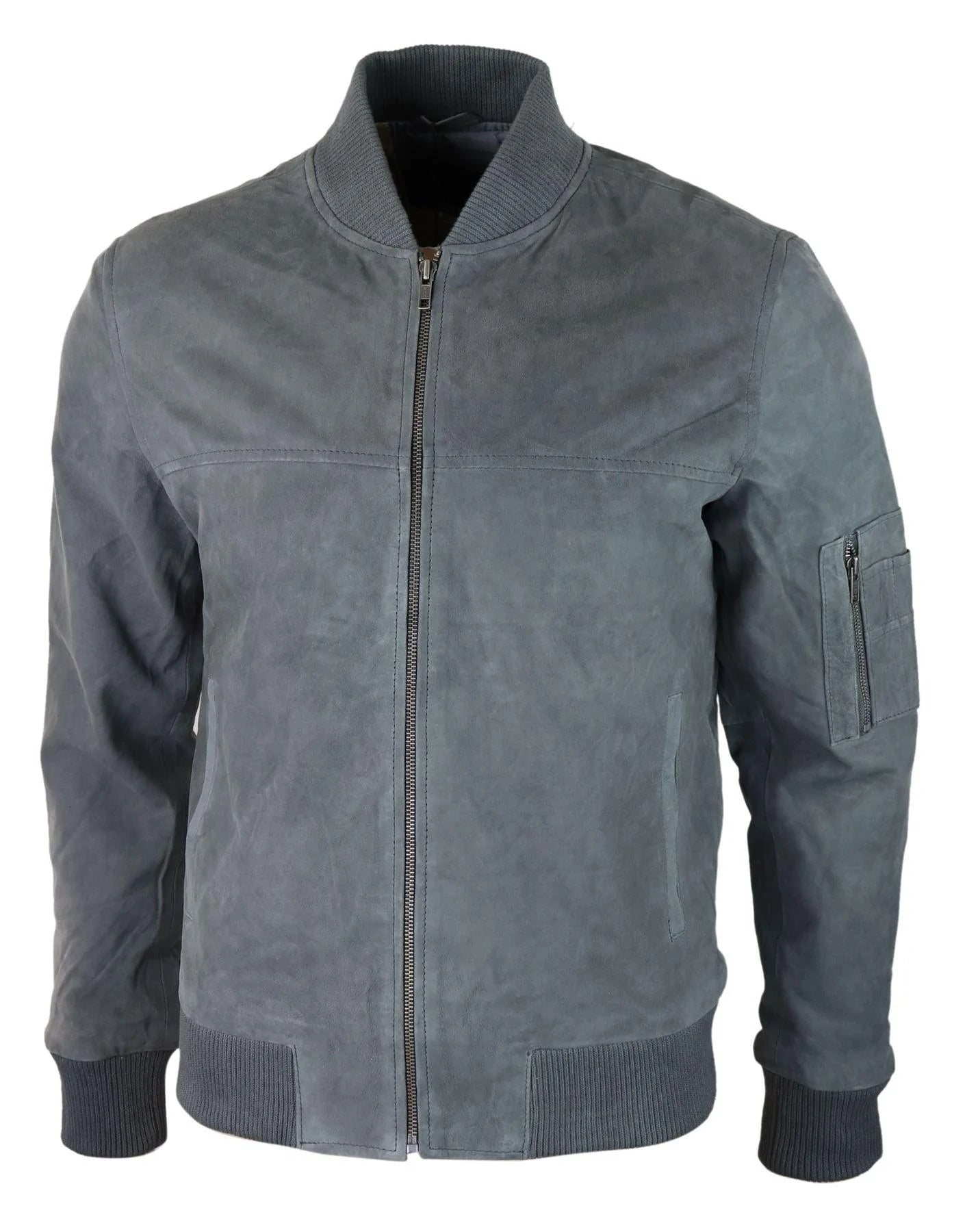Mens Genuine Suede Bomber Jacket Leather Casual Varsity VIntage Smart Casual Grey