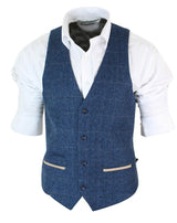 Mens Herringbone Tweed Vintage Check Waistcoat Velvet Trim Blue Brown Grey