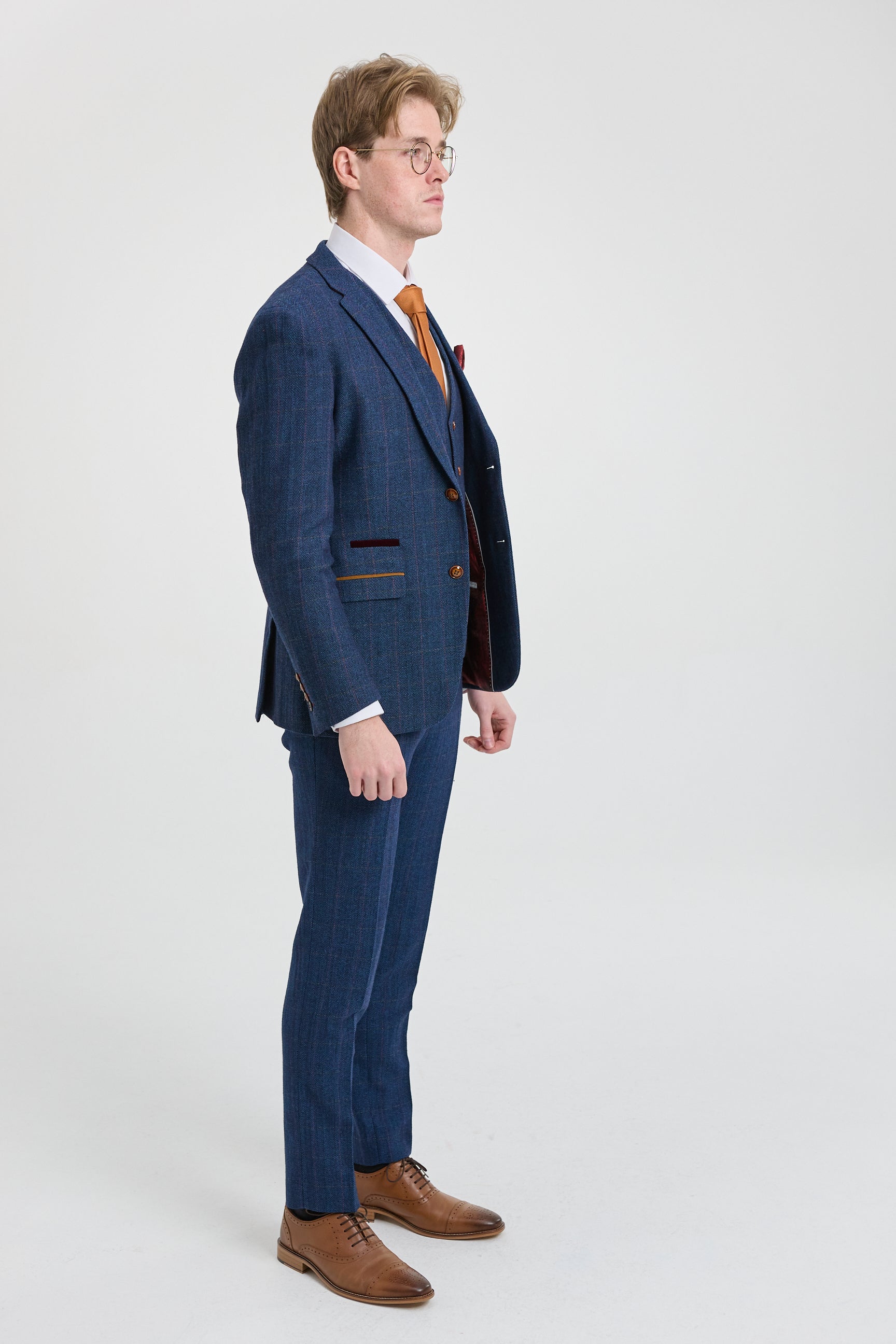 Scott Férfi Kék Háromrészes Tweed Kockás Öltöny