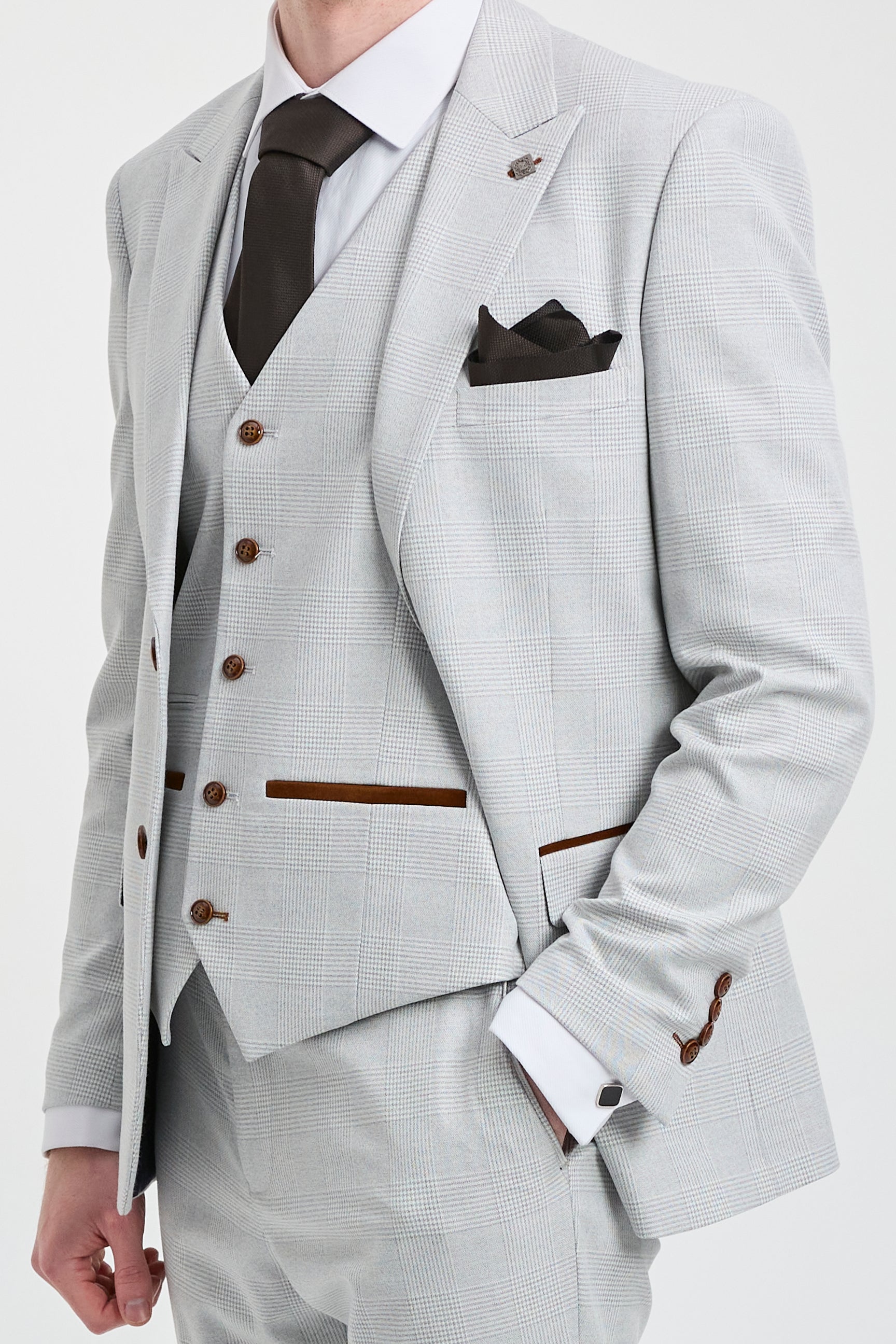 Mark Férfi Szürke Kőmintás, Háromrészes, Kockás Tweed Öltöny Barna Díszítéssel Esküvőkre és Bálokra