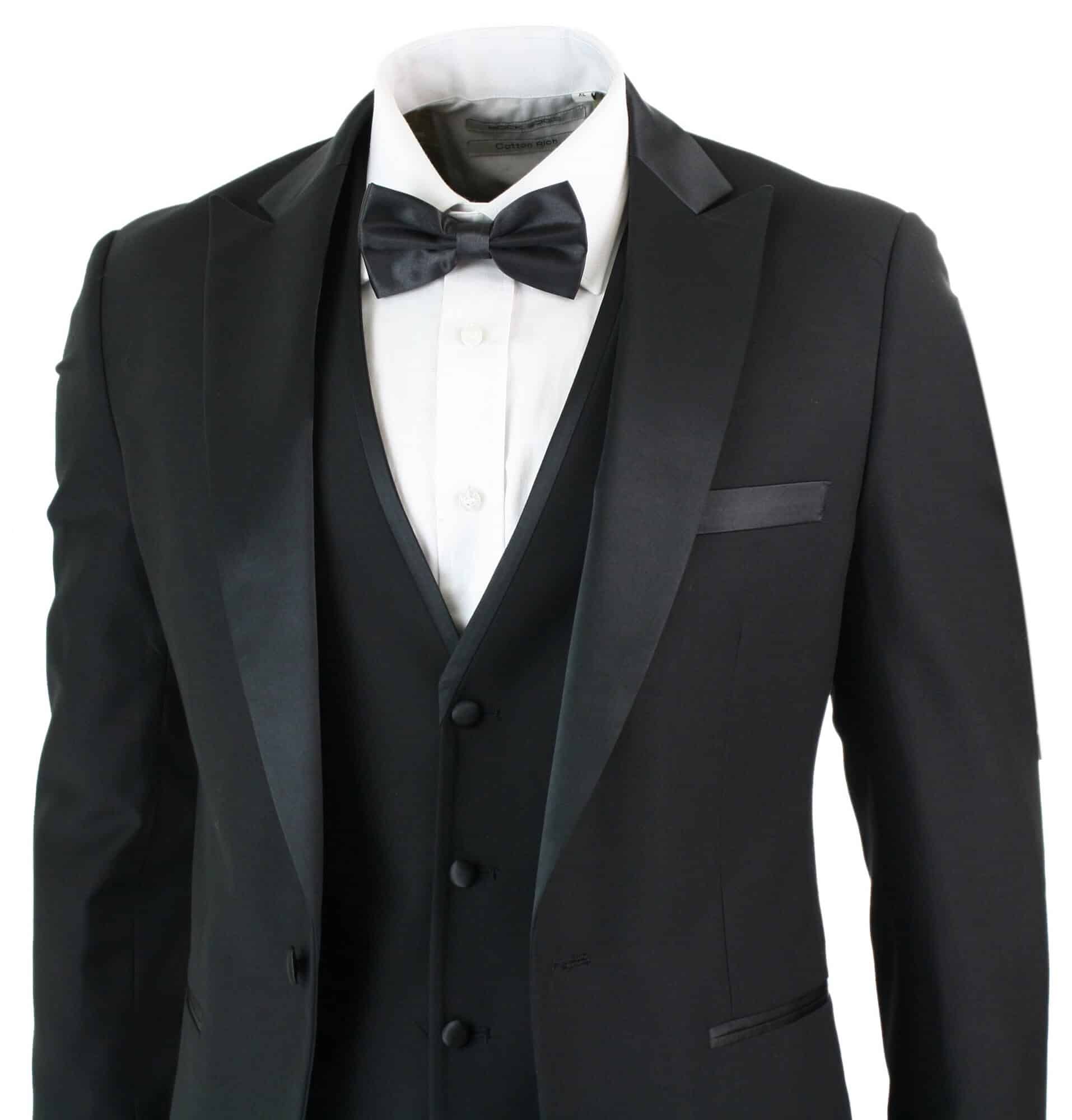 Paul Andrew Regent Black - Mens 3 Piece Black Classic Satin Tuxedo Dinner Suit Tailored Fit Wedding Prom