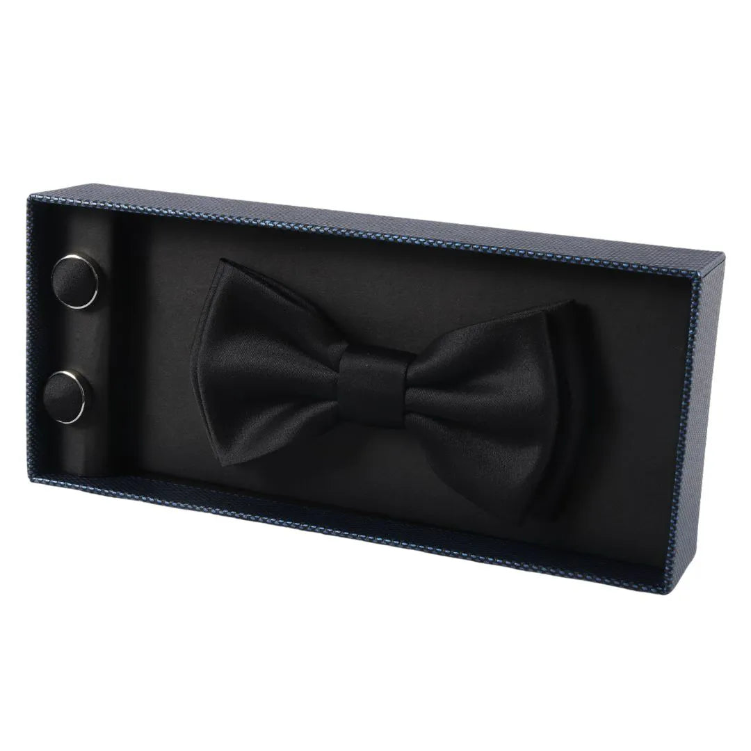 Men's Bow Tie Pocket Square Cuff Links Gift Set Black Color