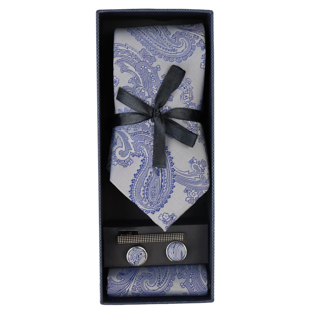 Paisley Neck Blue Tie Gift Set Pocket Square Cuff Links Floral Satin