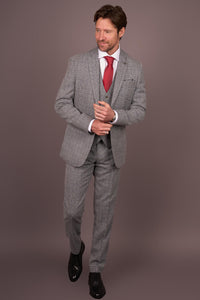 Férfi szürke klasszikus kockás, karcsúsított, háromrészes öltöny