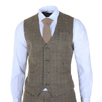 Férfi barnásbarna klasszikus kockás, karcsúsított, háromrészes öltöny