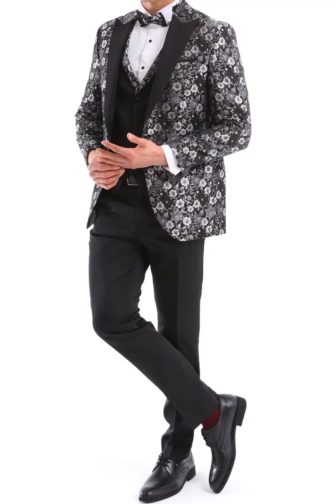 Mens Black Silver Paisley Tuxedo Suit 3 Piece Wedding Prom Party Grooms Tailored