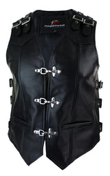 Mens Real Hide Leather Biker Motorcycle Waistcoat Vest Buckle Belted Hook