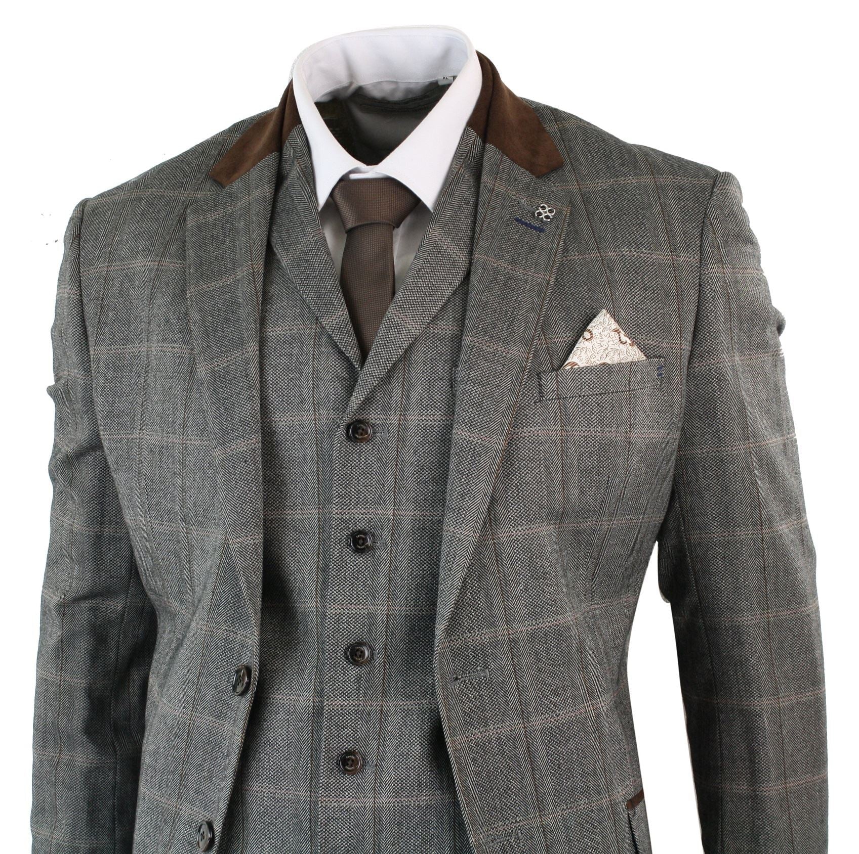 Mens Check Tweed 3 Piece Blue Navy Suit Vintage Retro Tailored Fit Prince Of Wales