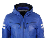 Men's Realy Leather Bomber Jacket with Hood-Blue