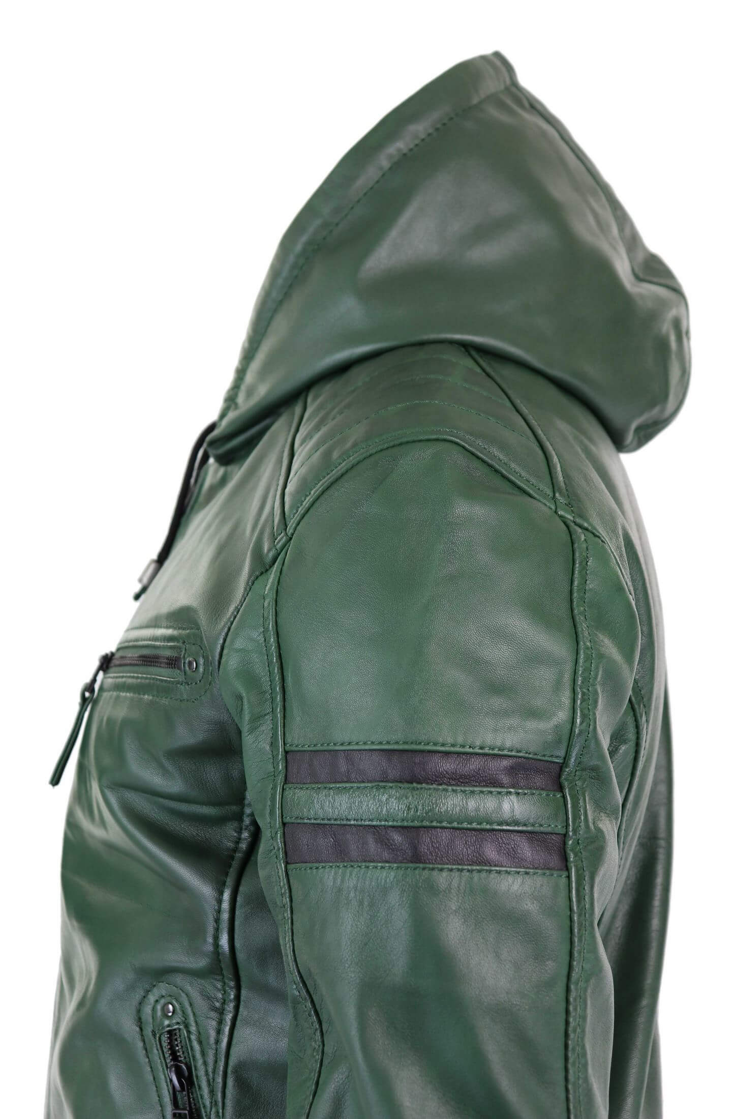 Men's Real Leather Bomber Jacket with Hood-Green