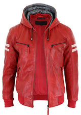 Men's Real Leather Bomber Jacket with Hood-Red