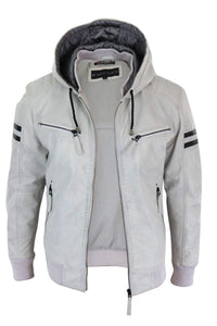 Men's Real Leather Bomber Jacket with Hood-White
