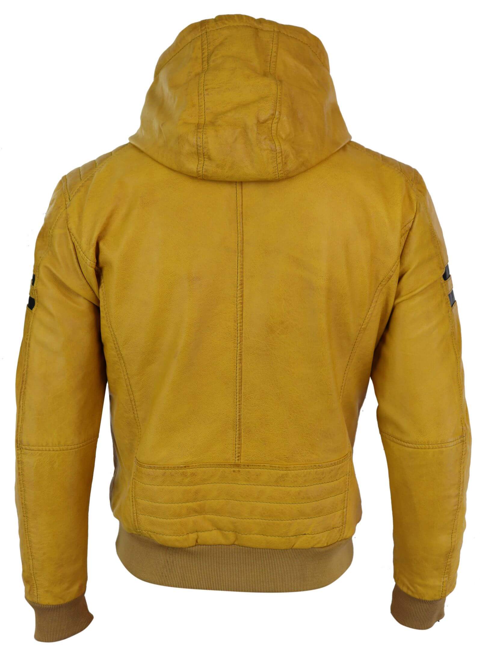 Men's Real Leather Bomber Jacket with Hood-Yellow