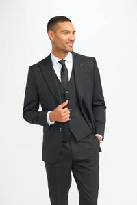 Roberto - Men's Black 3 Piece Shadow Stripes Wool Blend Suit