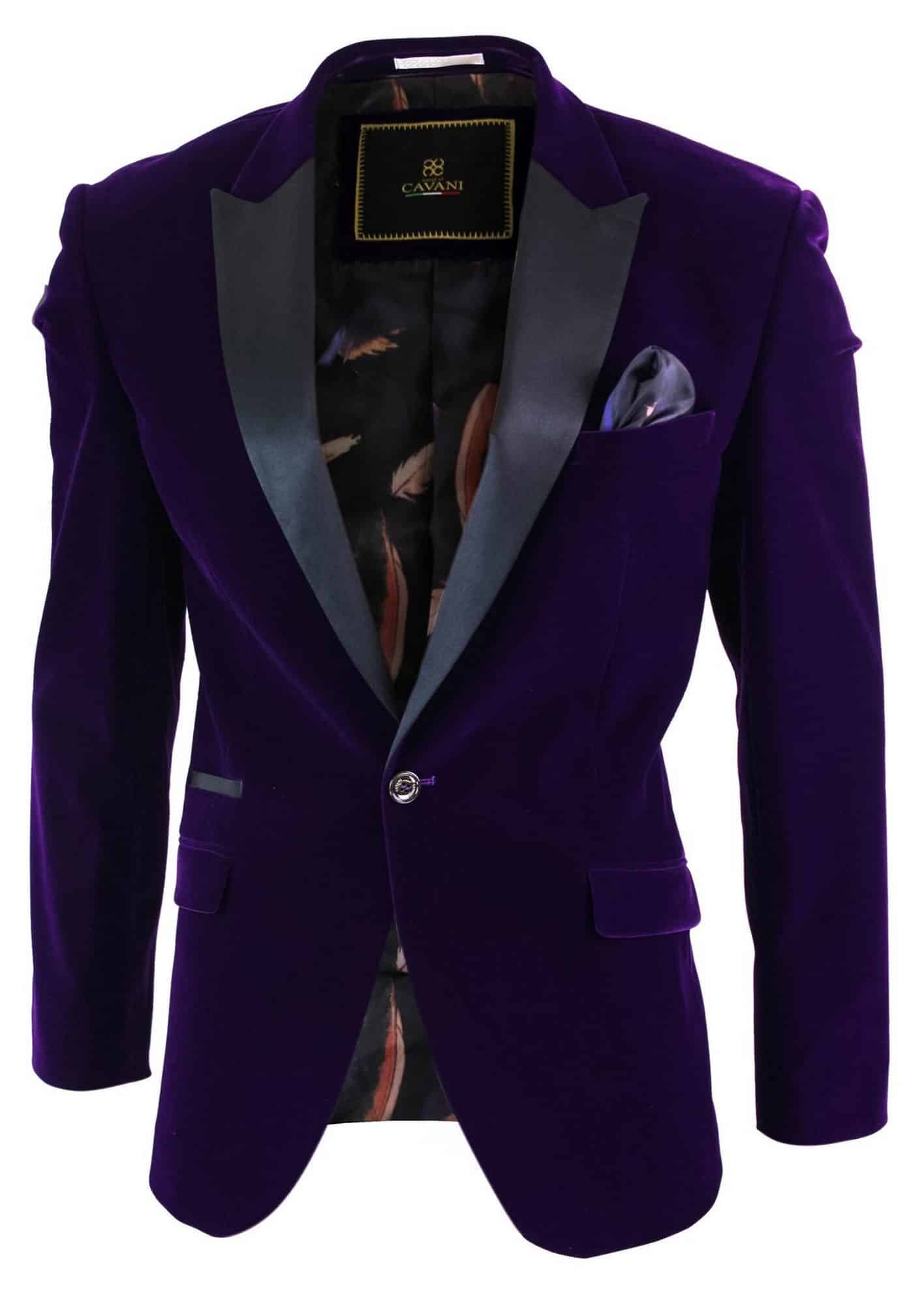 Cavani Rosa - Mens Soft Velvet Black Navy 1 Button Dinner Jacket Tuxedo Blazer Smart Casual Fit-Purple