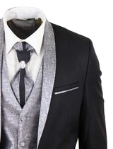 Mens 4 Piece Shawl Lapel Suit - Black/Silver