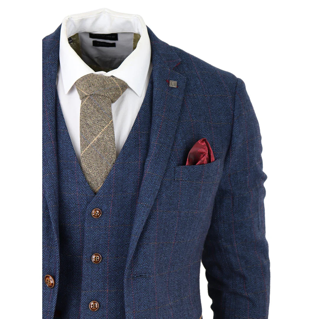 Scott Men's Blue 3-Piece Tweed Check Suit