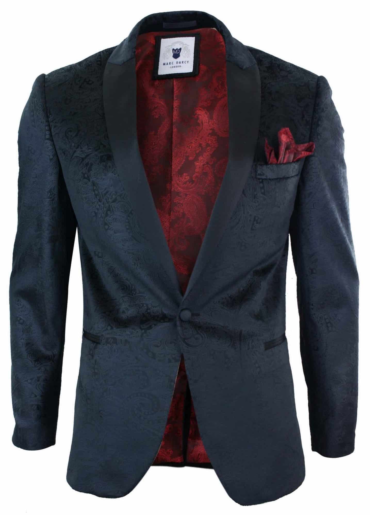 Marc Darcy Simon Mens Velvet Paisley Black Fit Blazer Tuxedo Dinner Jacket Smart Casual