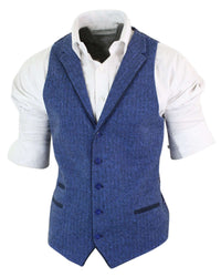 Mens Blue Waistcoat Tweed Herringbone Wool Peaky Blinders Vintage Retro