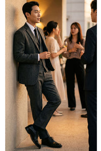 Férfi szénszürke, háromrészes, halszálkás tweed öltöny - STZ11