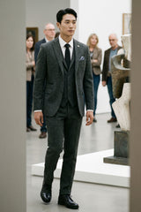 Férfi szénszürke, háromrészes, halszálkás tweed öltöny - STZ11