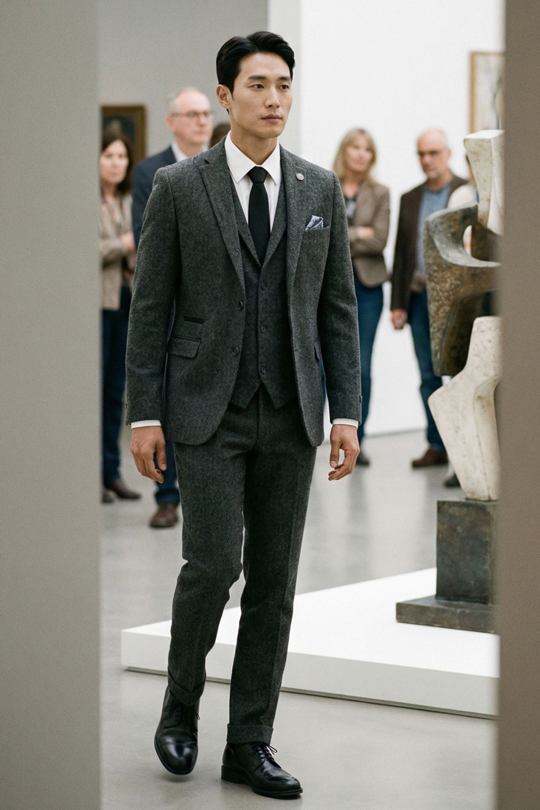 Férfi szénszürke, háromrészes, halszálkás tweed öltöny - STZ11