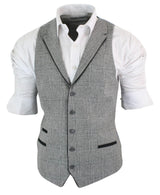 Mens Waistcoat Wool Check Herringbone Tweed Brown Black Classic Vintage Fit
