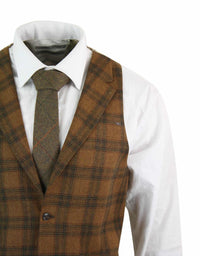 Mens Waistcoat Wool Tan Brown Check Tweed Classic Vintage Tailored Fit