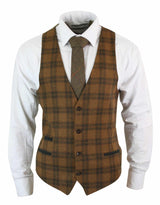 Mens Waistcoat Wool Tan Brown Check Tweed Classic Vintage Tailored Fit