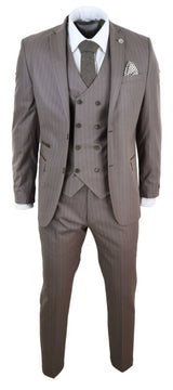 Mens 3 Piece Pinstripe Beige Suit