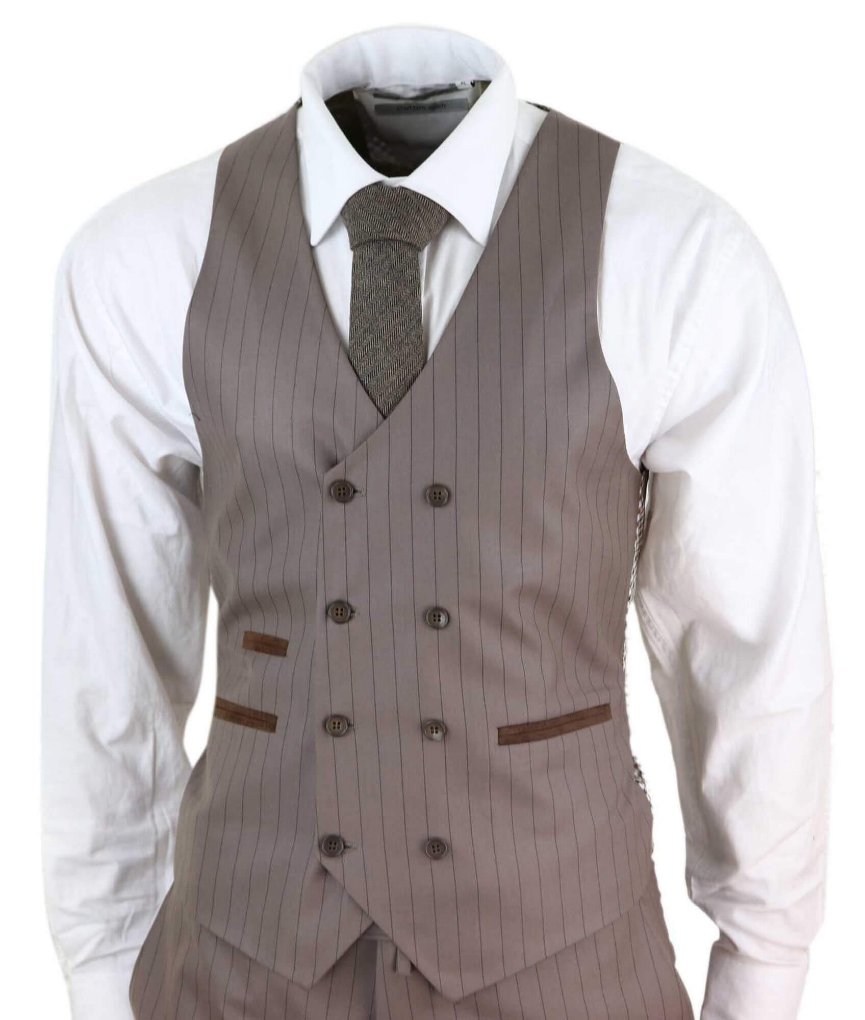 Mens 3 Piece Pinstripe Beige Suit