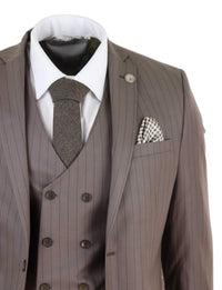 Mens 3 Piece Pinstripe Beige Suit