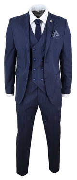 Mens 3 Piece Pinstripe Navy-Blue Suit