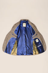 Férfi 3 részes halszálkás tweed öltöny, barna, kockás, szabott szabású, dupla klasszikus öltöny