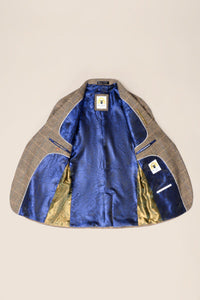 Férfi 3 részes halszálkás tweed öltöny, barna, kockás, szabott szabású, dupla klasszikus öltöny