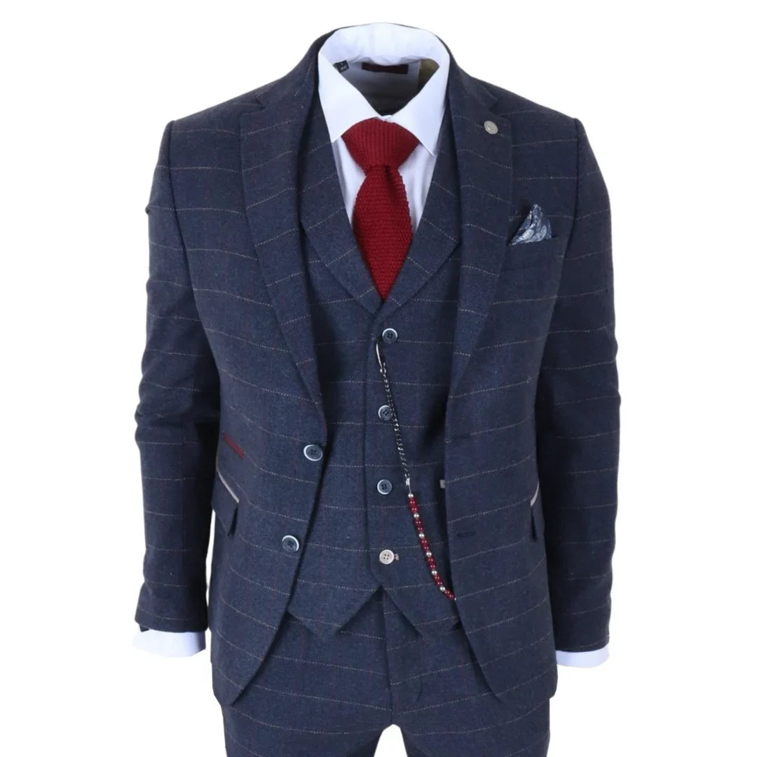 TP-32 - Gatsby stílusú sötétkék, 3 darabos gyapjúkeverék tweed öltöny férfiaknak